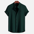 Camicia da uomo verde scuro in velluto a coste a maniche corte con collo alla coreana - S / Verde Scuro