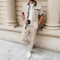 Waffelstrick-Set für Herren mit Karomuster-Details und Freizeithose mit Kordelzug - S / Khaki