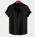 Dettaglio della camicia da uomo in velluto a coste nero con colletto alla coreana e tessuto - S / Nero