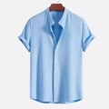 Chemise homme bleu clair à manches courtes en velours côtelé avec col officier texturé - S / Rose bonbon