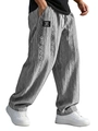 Detail view of gray jacquard knit pants featuring vertical stripes and side pocket patch - S / Gray