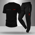 Men's black Paris sport tracksuit set with short sleeve t-shirt and drawstring pants - S / Black / T-Shirts