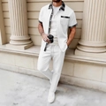 Men's waffle knit 2-piece set with short sleeve shirt and drawstring pants in white - S / White
