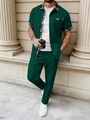 Detailed waffle texture and contrast plaid trim on a dark green men's casual summer set - S / Dark Green