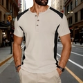 Herren Waffel-Henley-T-Shirt in Beige mit schwarzen Kontrastbahnen und Drei-Knopf-Leiste - S / Khaki