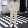 Men's light beige waffle knit two-piece set with button-up shirt and drawstring trousers - S / Top And Bottom / Khaki