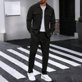 Men's dark grey waffle fabric long sleeve jacket and trousers two-piece outfit - S / Top And Bottom / Black