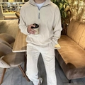 Detailed texture of men's beige corduroy tracksuit with half-zip stand collar design - S / Top And Bottom / Apricot