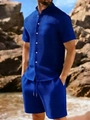Men's navy waffle texture set with short sleeve stand collar shirt and drawstring shorts - S / Top And Bottom / Sapphire Blue