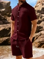 Men's waffle knit casual set with short sleeve shirt and drawstring shorts in burgundy - Burgundy