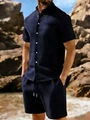 Men's navy blue waffle knit short sleeve shirt and shorts set on outdoor beach - S / Top And Bottom / Navy Blue