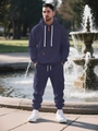 Men's navy blue tracksuit with orange zipper hood and cargo joggers for winter sports - Navy Blue