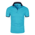 Détail du col d'un polo bleu canard avec bords côtes rayés rouge, blanc et bleu - M / Bleu clair
