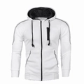 Detail van witte heren fitness hoodie met zwarte ritszakken en contrasterende stiksels - M / Wit (Met Zwart)
