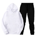 Men's casual white hoodie and black joggers set with kangaroo pocket and drawstring - White Top and Black Pants
