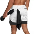 White camo double-layer running shorts for men with black liner and towel loop - M / White Camo With Black Lining