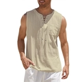 Camisa de lino informal para hombre con cordones, cuello en V y bolsillo beige - S / Caqui
