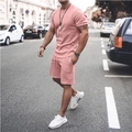 Men's summer pink casual sports set with short sleeve t-shirt and drawstring shorts - S / Pink