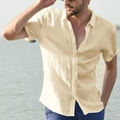 Detail of light beige men's cotton linen short sleeve shirt with breathable fabric texture - S / Yellow
