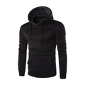 Black hooded sweatshirt featuring drawstring hood and kangaroo pocket on white background - M / Black