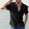 Men's black short sleeve cotton linen shirt with classic lapel for summer beach casual wear - S / Black