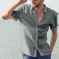 Men's casual grey cotton linen short sleeve button-down beach shirt with polo collar - S / Gray