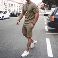 Outdoor shot of men's khaki short sleeve t-shirt and drawstring shorts casual sports set - Khaki