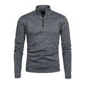Detailed close-up of a men's heather grey half-zip knit sweater with metal ring puller - S / Tops / Dark Gray