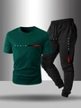 Men's casual sports set with dark green Paris print T-shirt and black joggers - S / Dark Green / T-Shirts