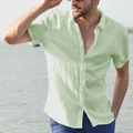 Men's light green short sleeve cotton linen shirt with lapel collar for casual beach wear - S / Green