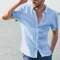 Men's light blue short sleeve cotton linen casual beach shirt with classic collar - S / Light Blue