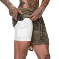 Men's olive camouflage 2-in-1 running shorts with phone pocket and compression liner - Dark Camouflage