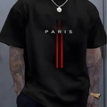 Men's black crew neck T-shirt featuring white PARIS print and red vertical stripes - Black