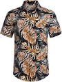 Macro detail of the Hawaiian palm leaf print on a casual black floral resort shirt - Black Gold And White Realistic Palm (上衣ZT165-10)