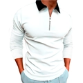 Detailaufnahme des weißen Herren-Langarm-Poloshirts mit schwarzem Reißverschlusskragen - S / Weiß