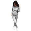 Detailed view of women's gray fleece tracksuit set with hoodie and elastic waist sweatpants - Silver