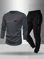 Men's dark grey Paris letter print long sleeve t-shirt and black joggers sports set - S / Gray / Long Sleeve
