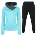 Women's light blue hooded tracksuit set with crossed collar and black sweatpants - S / Blue With White