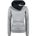 Women's slim fit heather grey hoodie featuring a unique crossover cowl neck and kangaroo pocket - Gray