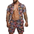 Men's summer casual two-piece set featuring tropical leaf print shirt and drawstring shorts - Black Base Colorful Leaf Tropical Print