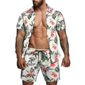 Men's summer 2-piece set with tropical palm leaf and floral print shirt and shorts - White Base Green Leaf Red Flower Tropical Print