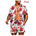 Men's Hawaiian loose floral short sleeve shirt and drawstring shorts summer set with red roses - S / White Background Red Rose Floral Style