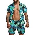 Men's two-piece tropical leaf print short sleeve shirt and shorts beachwear set - Black Base Teal Leaf Print
