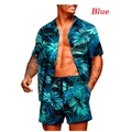 Men's summer Hawaiian shirt and drawstring shorts set with tropical blue palm leaf print - S / Dark Blue Tropical Palm Leaf Style