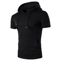 Detail of black hooded t-shirt showing kangaroo pocket and adjustable drawstrings - Black