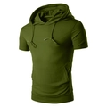 Detail of army green hooded t-shirt showing drawstring hood and kangaroo pocket texture - Army Green