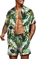 Men's loose tropical green leaf print summer Hawaiian shirt and drawstring shorts set - S / Green White Black Tropical Leaf Style