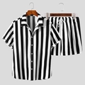 Men's summer casual two-piece set with black and white vertical striped shirt and shorts - Black and White Vertical Stripes
