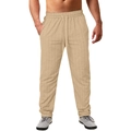 Men's khaki vertical striped linen beach pants with elastic drawstring waist for summer - M / Khaki