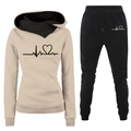 Women's heartbeat print tracksuit set featuring beige hooded sweatshirt and black pants - S / Khaki Black